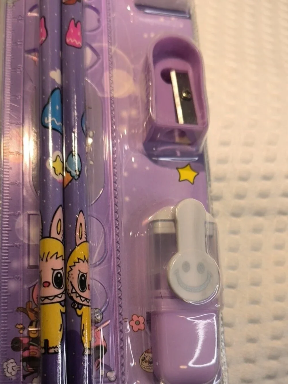 Labubu Purple Kids Stationery Set - Pencils, Ruler, Sharpener & Eraser